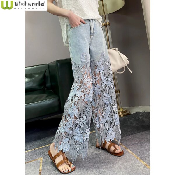 2023 Summer New Vintage Flower Hollowed-out Jeans Cool Pants Women’s Pants Loose Street Casual Trousers