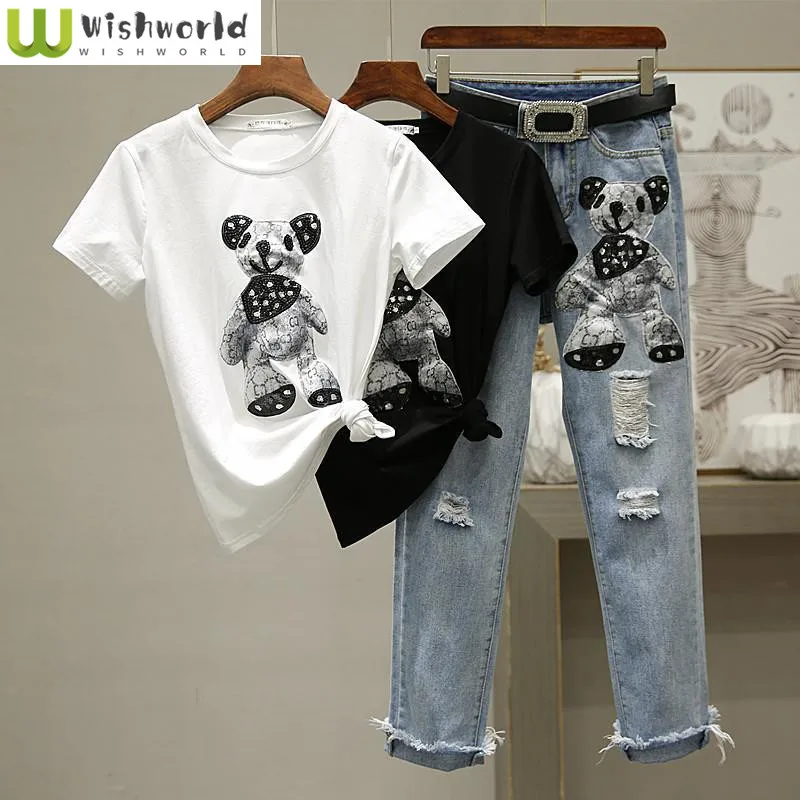 Cartoon Print Short Sleeve T-shirt Perforated Jeans Two Piece Elegant Women’s Pants Set Summer Outfit Leisure Sports Suit