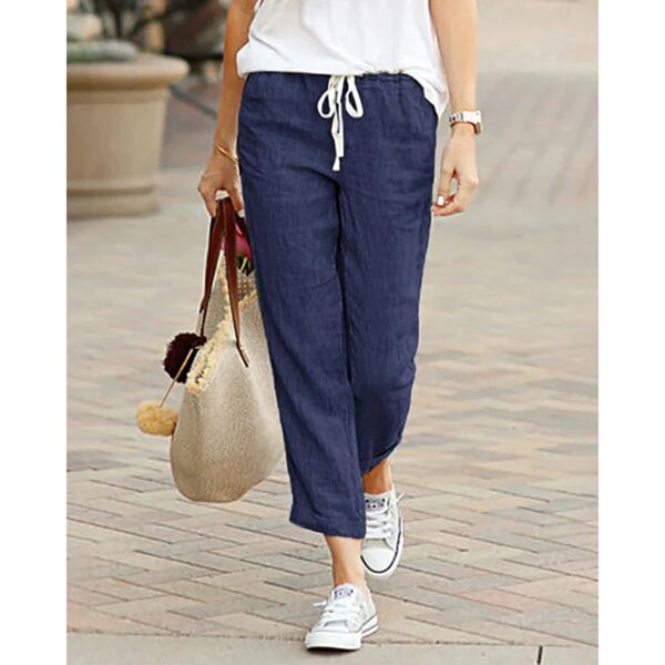 Casual Cotton Linen Pants Women Spring Summer Solid Color High Waist Elastic Ankle-Length Pants Female Pockets Harem Trousers