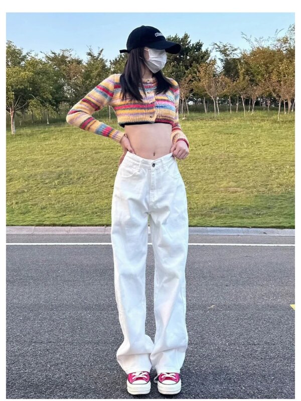 Office Lady’s Fashionable Deeptown Y2k Wide Leg Cotton Jeans in White women jeans  mom jeans cargo pants women