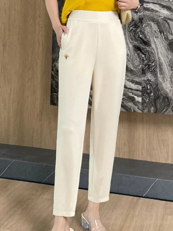 Plus Size TRAF Pants Mujer Trousers Women Korean Reviews Straight Longs Vintage High Waist Back Elastic Waistband Female Summer