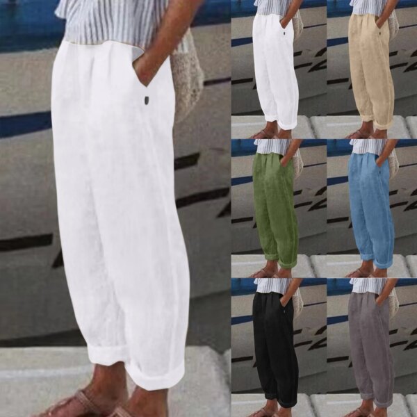 Women Solid Cotton Linen Pants 2024 Summer Vintage Loose Pants Pantalone Streetwear Female Casual Elastic Waist Wide Leg Trouser