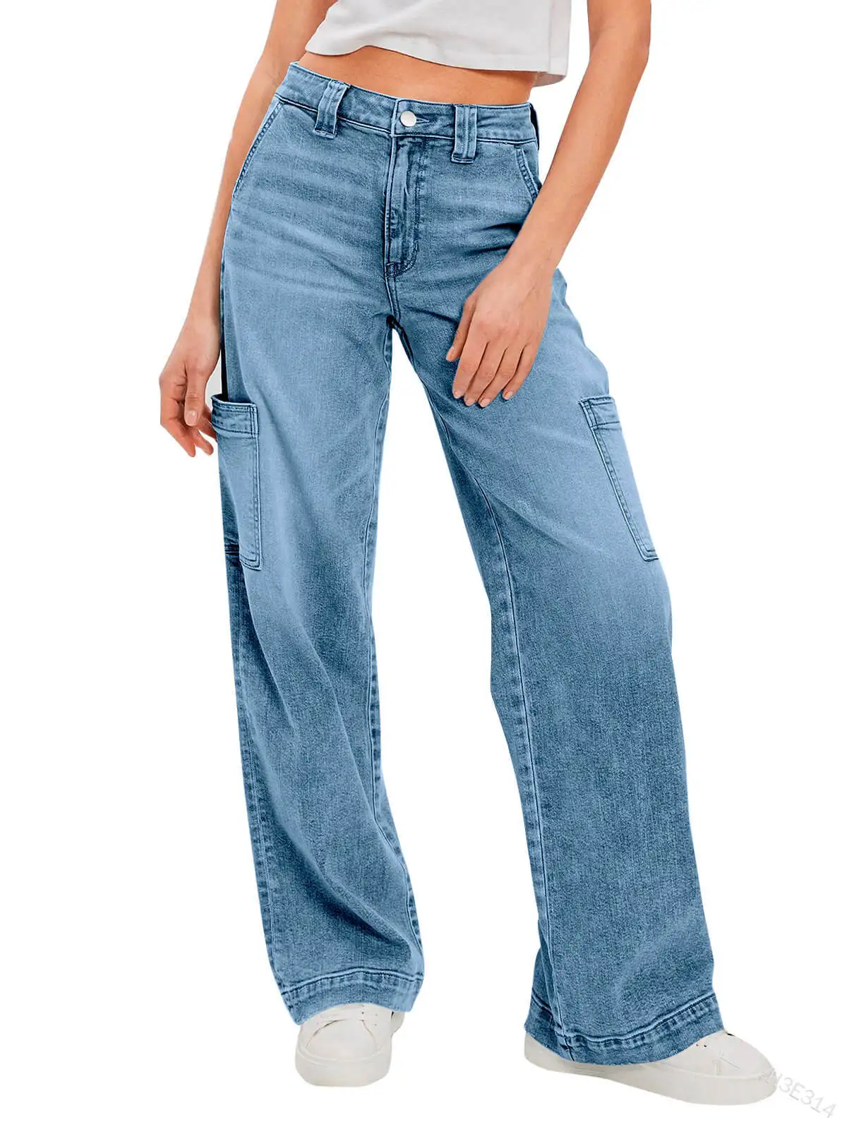 Women’s Cargo Jeans Baggy Lady Vintage Light Blue High Waisted Wide Leg Loose Denim Pants Fashion Wide Trousers With Pockets