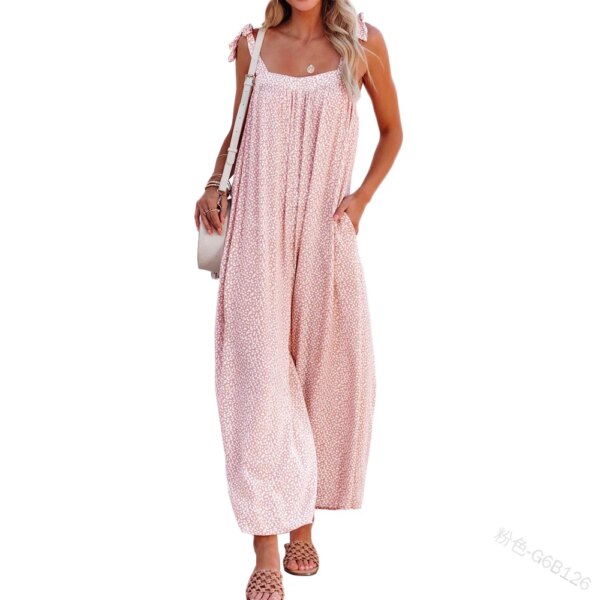 Women’s Floral Printed Jumpsuit Sleeveless Relaxed Tie Shoulder Square Neck Wide Leg Pants Casual One-Piece Pants With Pockets