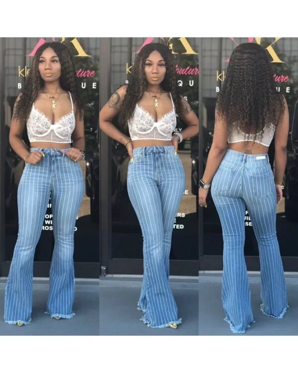 Women’s S-3XL size European and American wide buttocks leg 2024 women’s trendy high waisted striped flared pants jeans